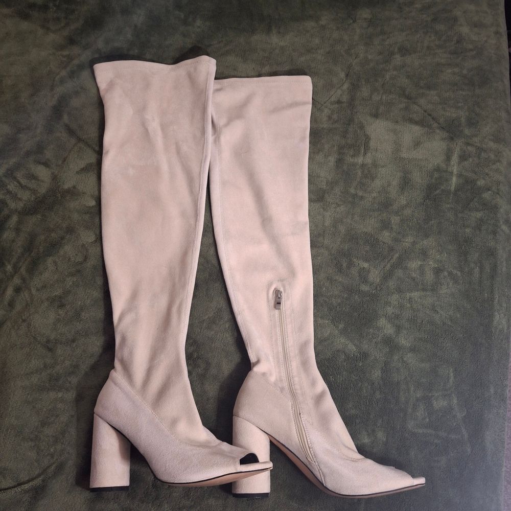 Women's Over-the-Knee Peep-Toe Boots in Light Taupe